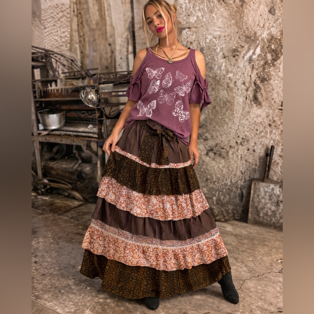 Hand Crafted Tiered Maxi Skirt - Brown & Pink Floral Panels
